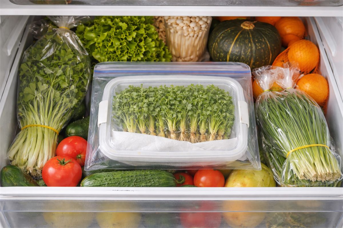 채소칸에 분리 보관된 냉이와 봄나물 전경 