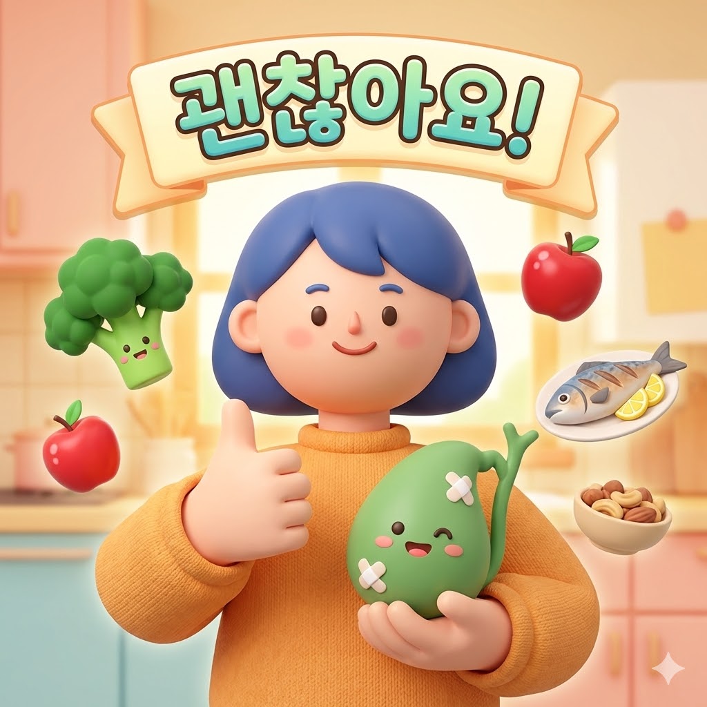 웃는 캐릭터가 반창고 붙인 귀여운 담낭 캐릭터를 들고 건강한 음식에 둘러싸인 모습, 담낭 제거 후 건강한 생활을 긍정적으로 표현.