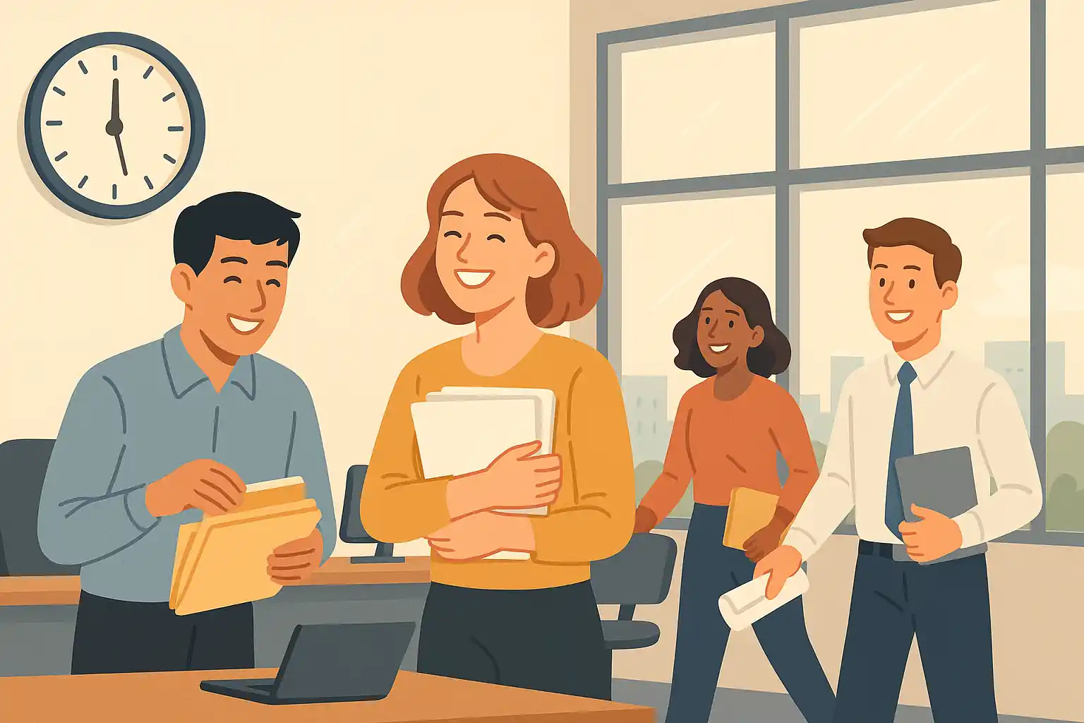 금요일 오후 12시, 사무실에서 퇴근 준비를 하며 웃고 있는 직장인들 일러스트. 밝은 햇살과 자유로운 분위기 표현