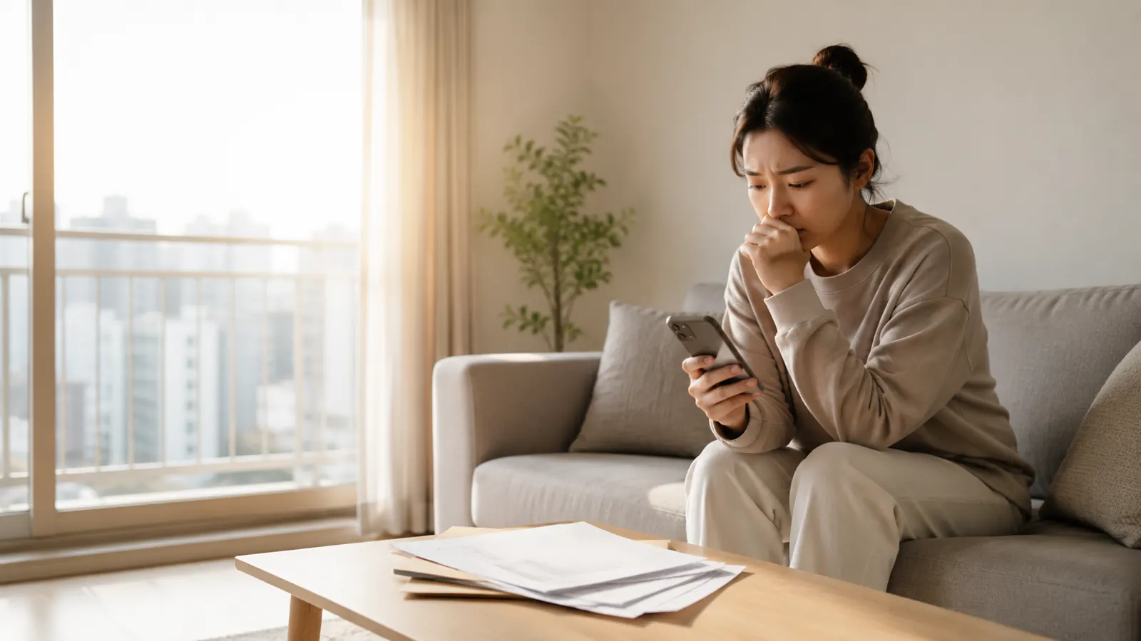 HUG 전세보증보험 청구 심사 결과를 기다리며 스마트폰을 확인하는 임차인 이미지
