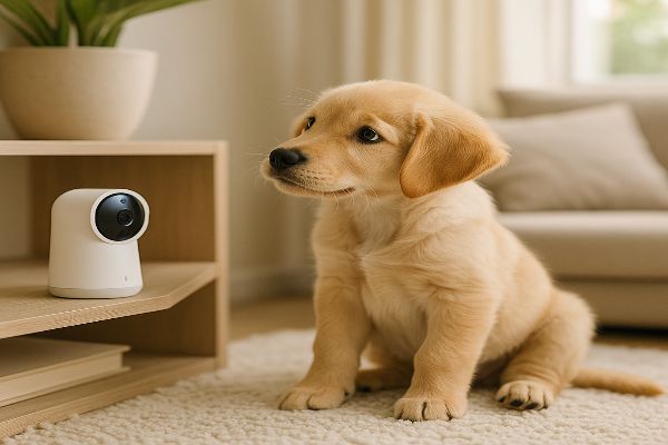 밝고 깨끗한 현대적인 거실, 귀여운 골든 리트리버 강아지가 선반 위의 스마트 홈캠을 호기심 가득한 표정으로 바라보고 있습니다.