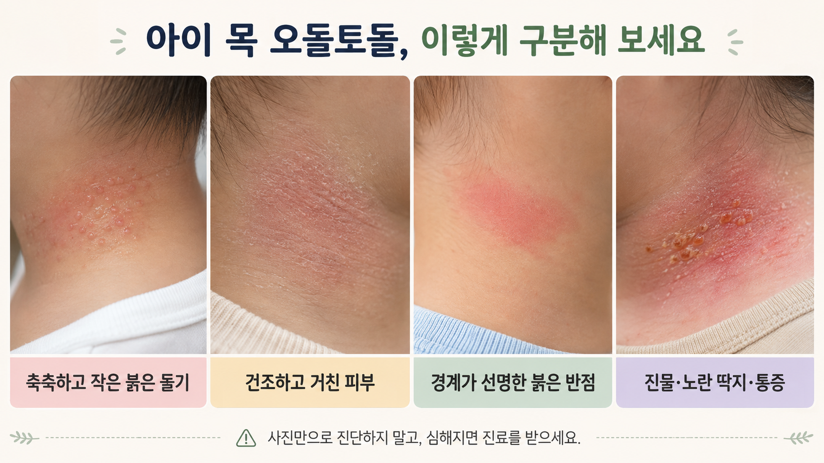 아이 목의 축축한 붉은 돌기, 건조하고 거친 피부, 경계가 선명한 붉은 반점, 진물과 노란 딱지를 비교한 참고 이미지