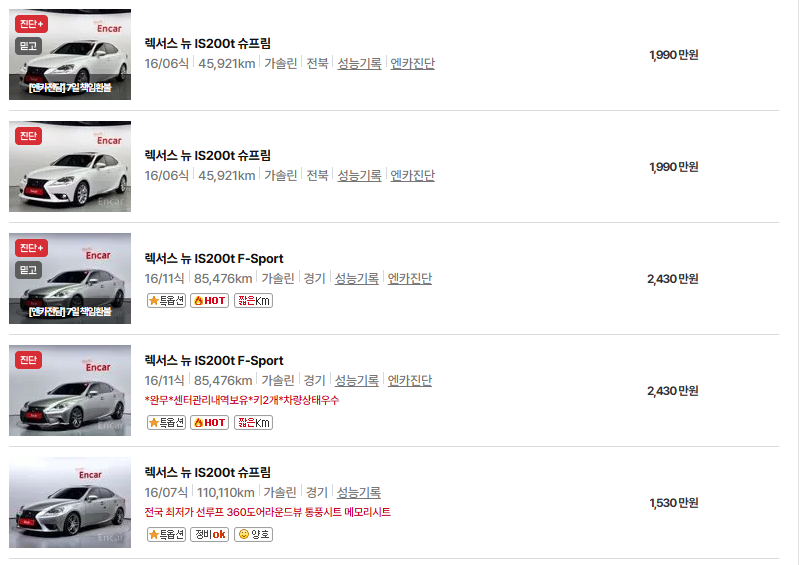 렉서스 LS 중고차 가격 시세표 연비