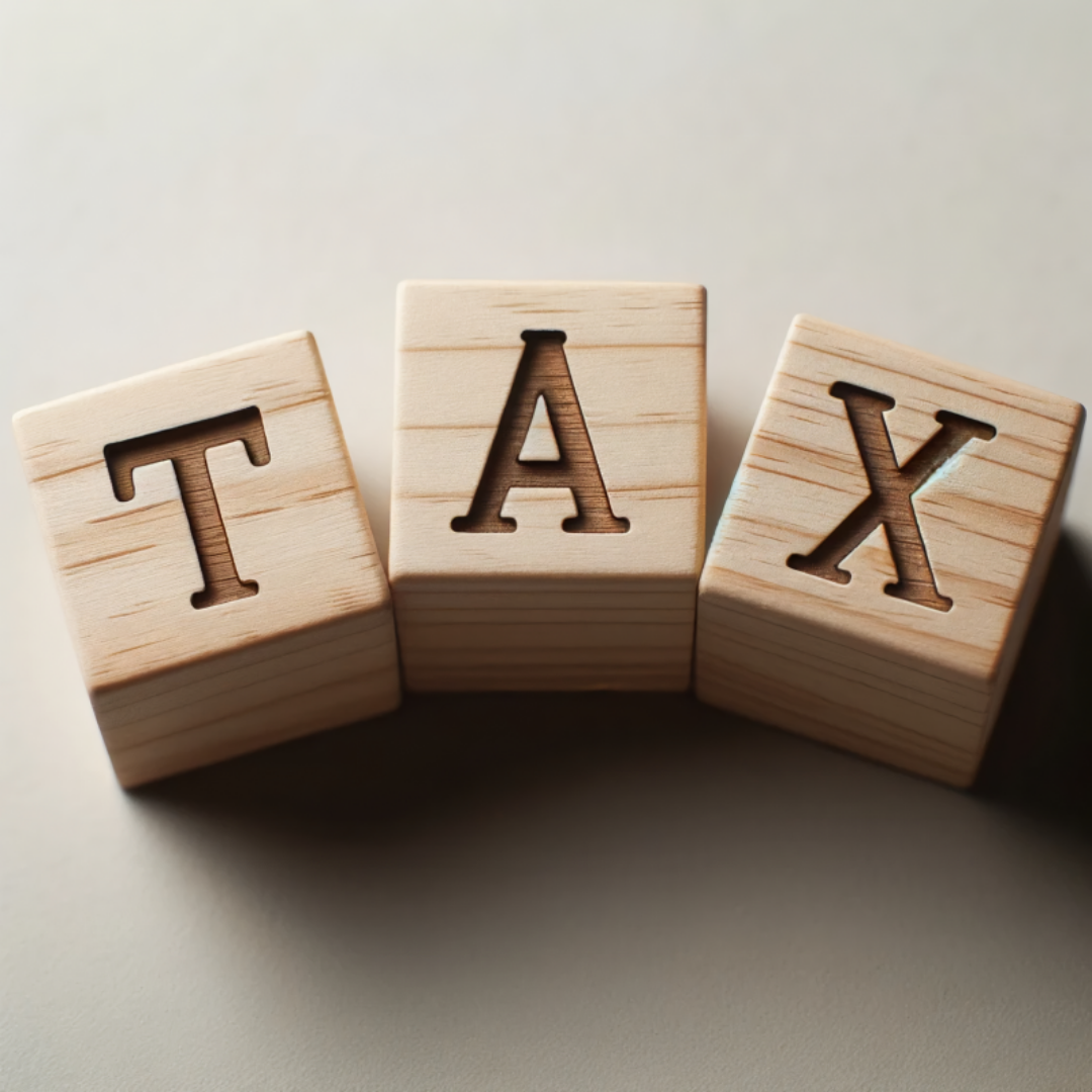 영어로 tax라고 적혀진 나무 조각