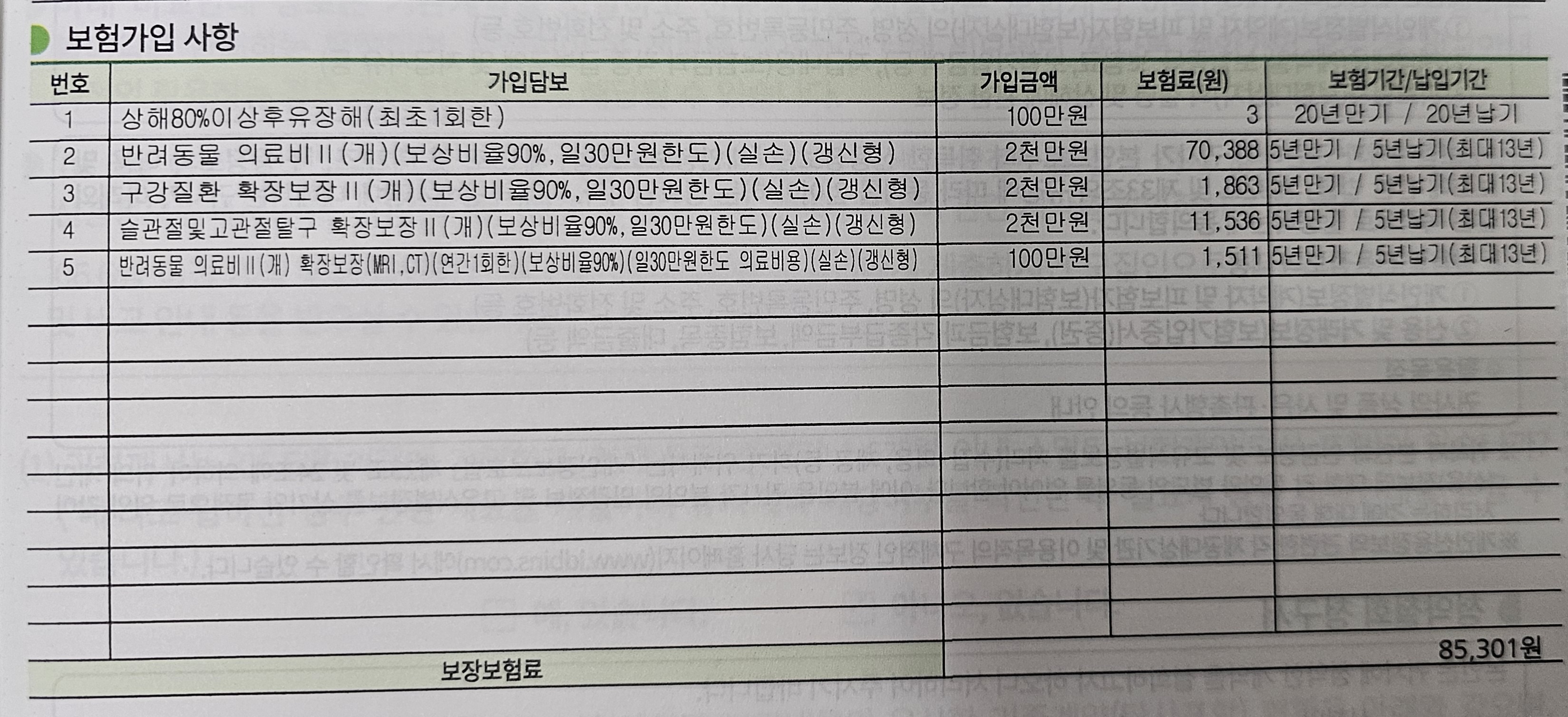 실제 가입한 펫보험 보험가입 사항