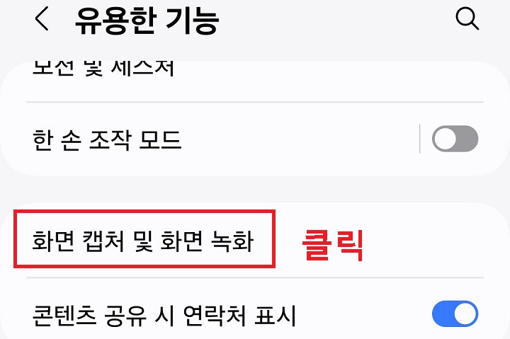 화면 캡처 및 화면 녹화 메뉴 클릭함