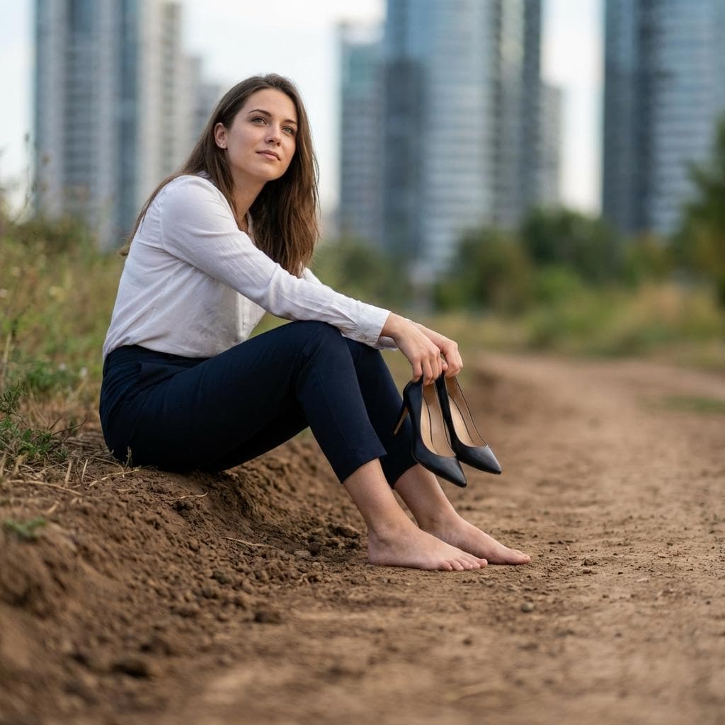 도심 공원에서 신발을 벗어 손에 들고 맨발로 흙을 밟으며 휴식을 취하는 여성, 어싱의 시작