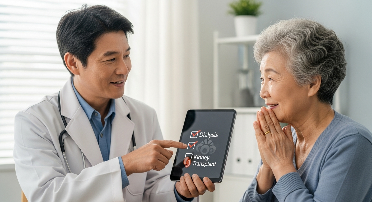 의사가 만성 신부전 환자에게 산정특례 지원 자격인 투석 및 신장이식에 대해 설명하는 모습