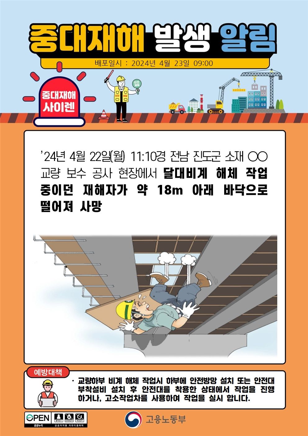 달대비계 해체 작업 중 바닥으로 떨어짐(18m)