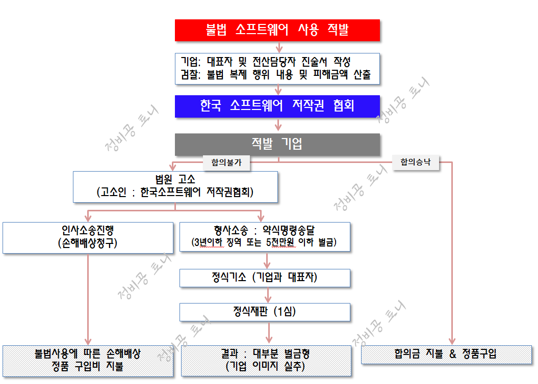 불법 소프트웨어 적발 시 진행