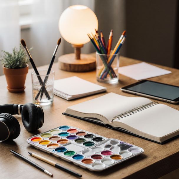 나무 테이블 위에 수채화 물감, 붓, 팔레트, 노트 등 창작 도구들이 펼쳐져 있다