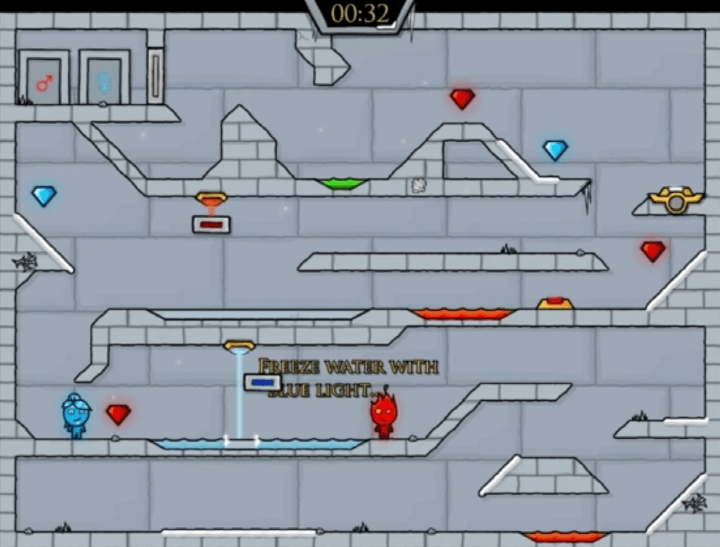 물불게임-아이스템플-플래시게임-플레이-파란색-버튼을-밟고-얼음-광선을-작동시키는-화면