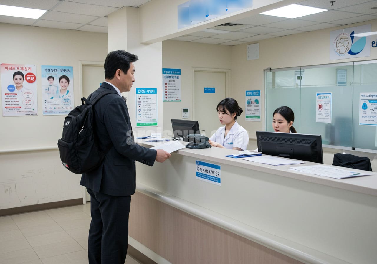 한국 중년 남성이 병원 접수 창구에서 직원이 진료 서류를 컴퓨터로 스캔하고 있는 장면. 현대적인 병원 내부가 배경을 가득 채우며, 전자청구 시스템으로 바뀐 현실적인 의료 현장을 보여주는 이미지.