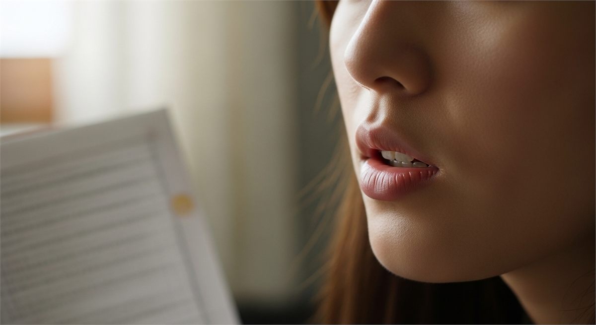 입 모양과 노트를 보며 영어 발음을 연습하는 디테일 장면