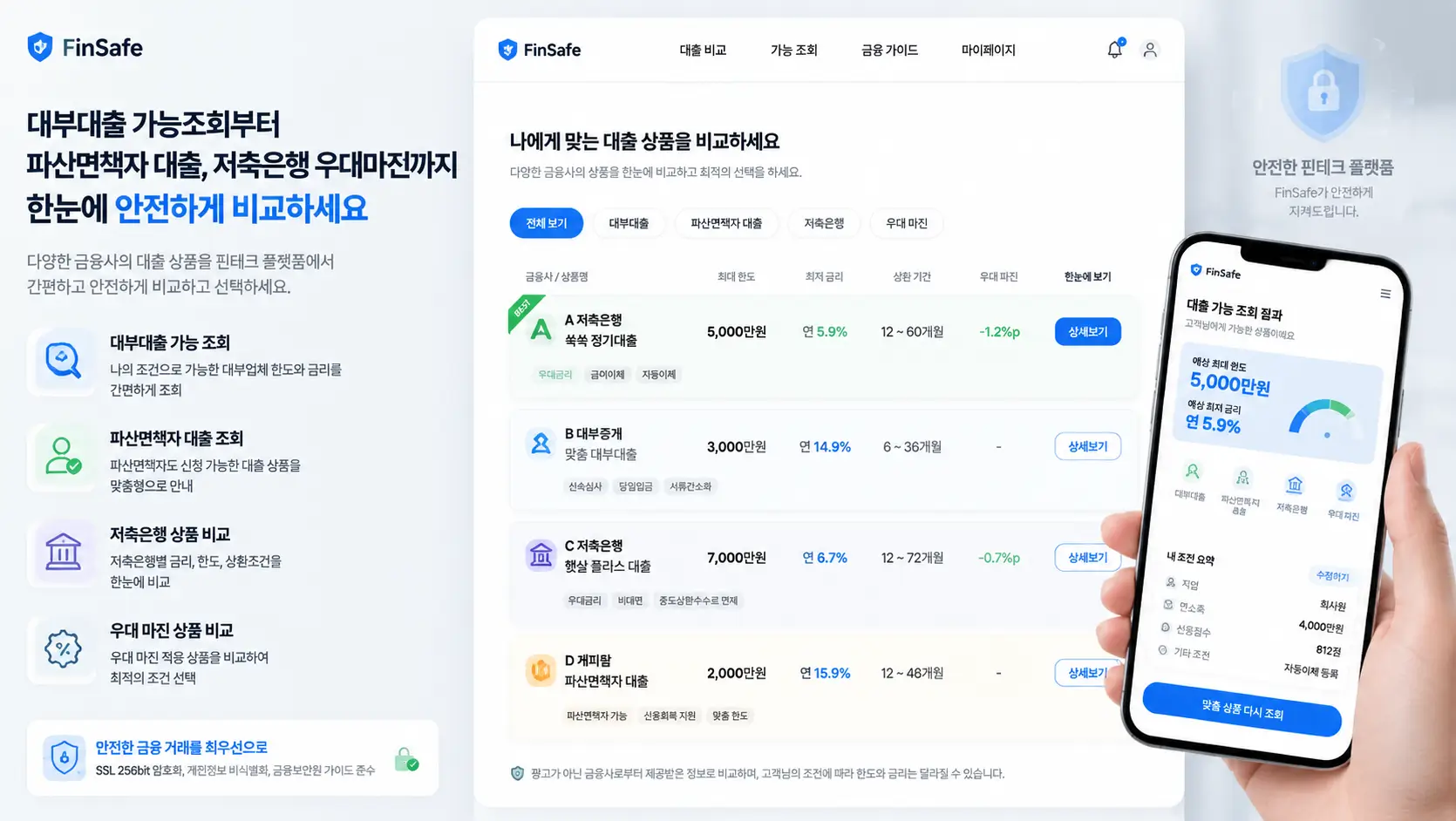 대부 대출 가능 조회 및 파산 면 책자 대출 저축 은행 우대 마진을 핀테크 플랫폼으로 안전하게 비교하는 모습