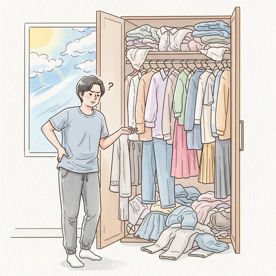 옷장 앞에서 옷차림을 고민하며 날씨를 걱정하는 사람의 모습.