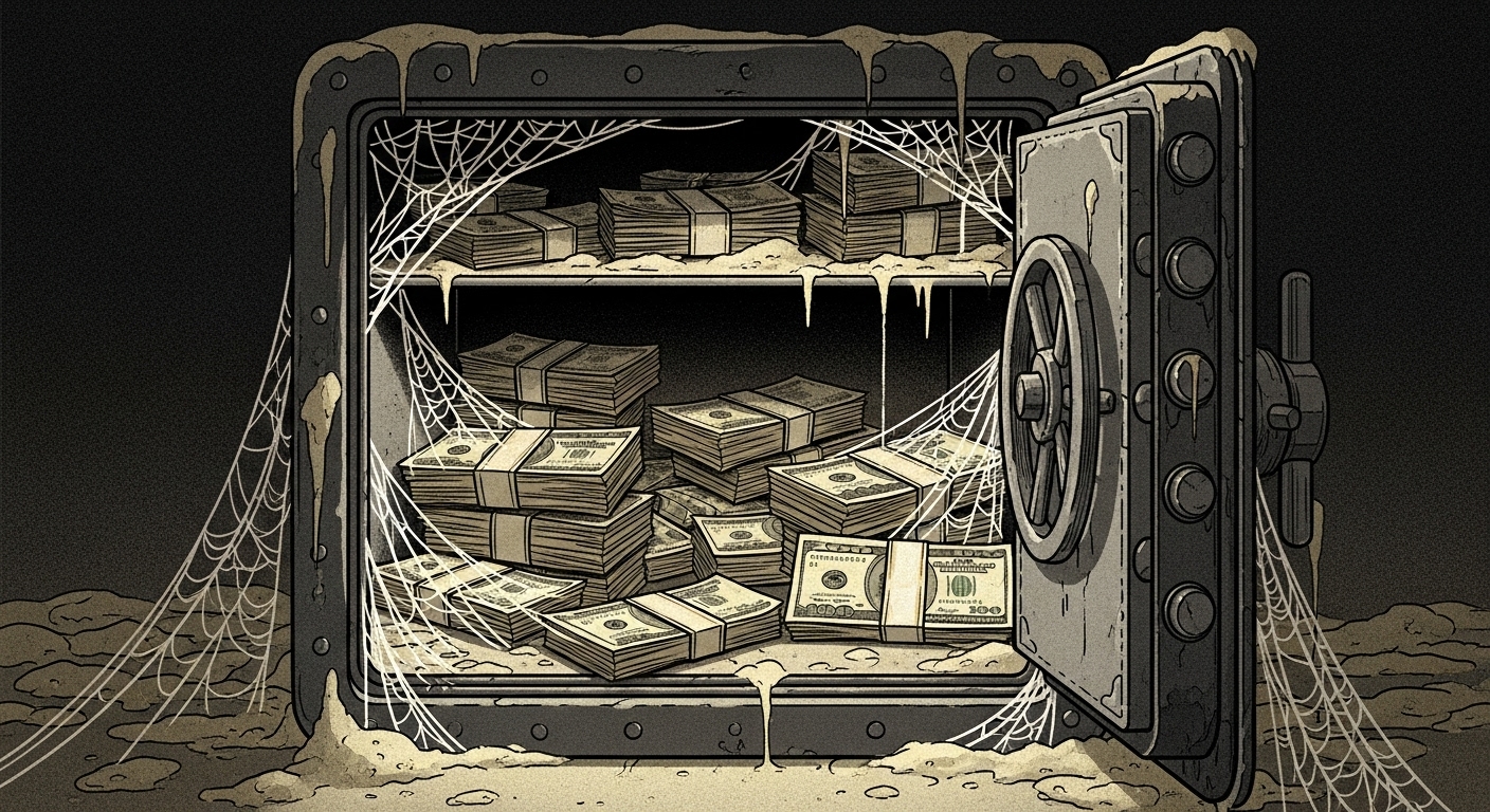 돈다발이 금고 안에 쌓여 먼지가 쌓이는 듯한 시각화 이미지