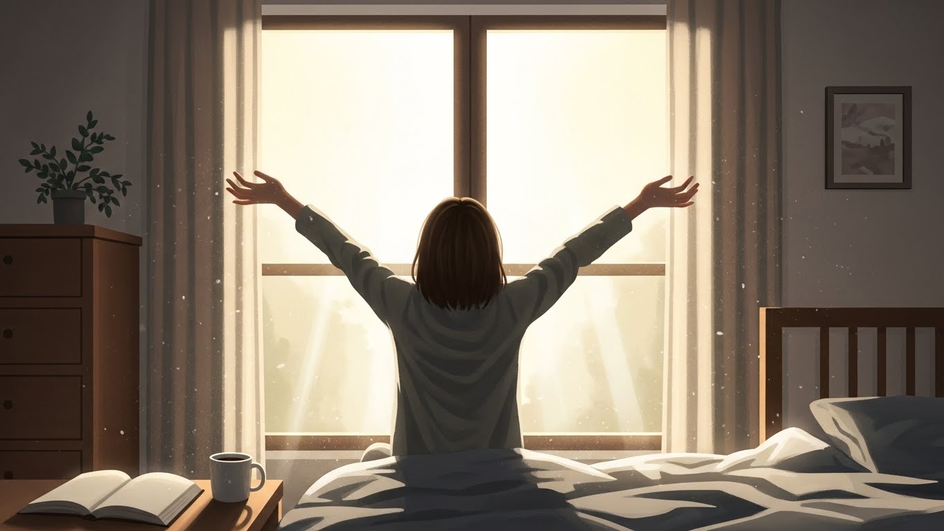 Person stretching in the morning while receiving natural sunlight, helping regulate circadian rhythm and improve sleep patterns.