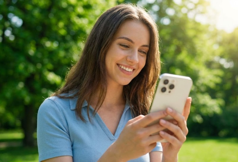 야외 공원에서 배터리 걱정 없이 웃으며 아이폰을 사용하는 여성