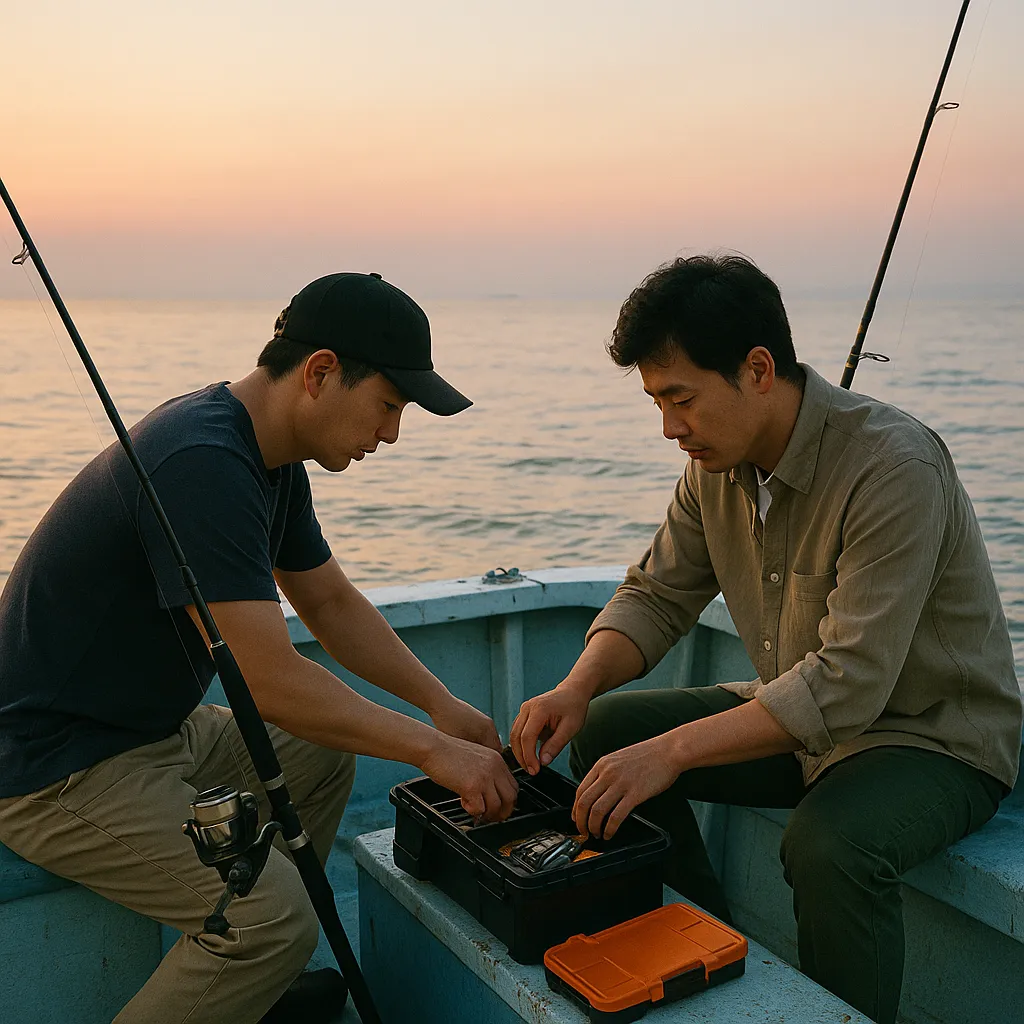 새벽 작은 배 위에서 낚시 준비하는 두 남성