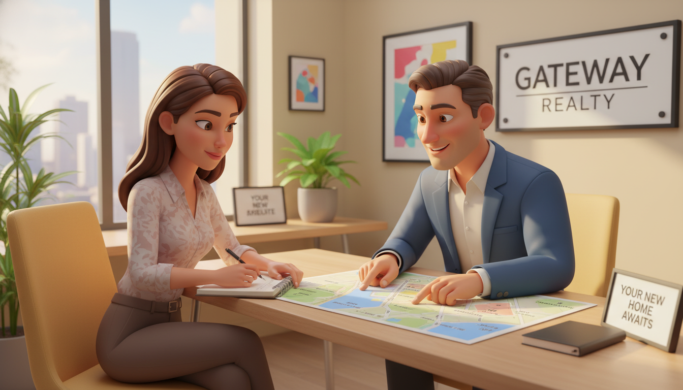 밝은 공인중개사 사무소에서 소장님과 부동산 매물에 대해 상담하며 메모하는 젊은 예비 매수자의 모습