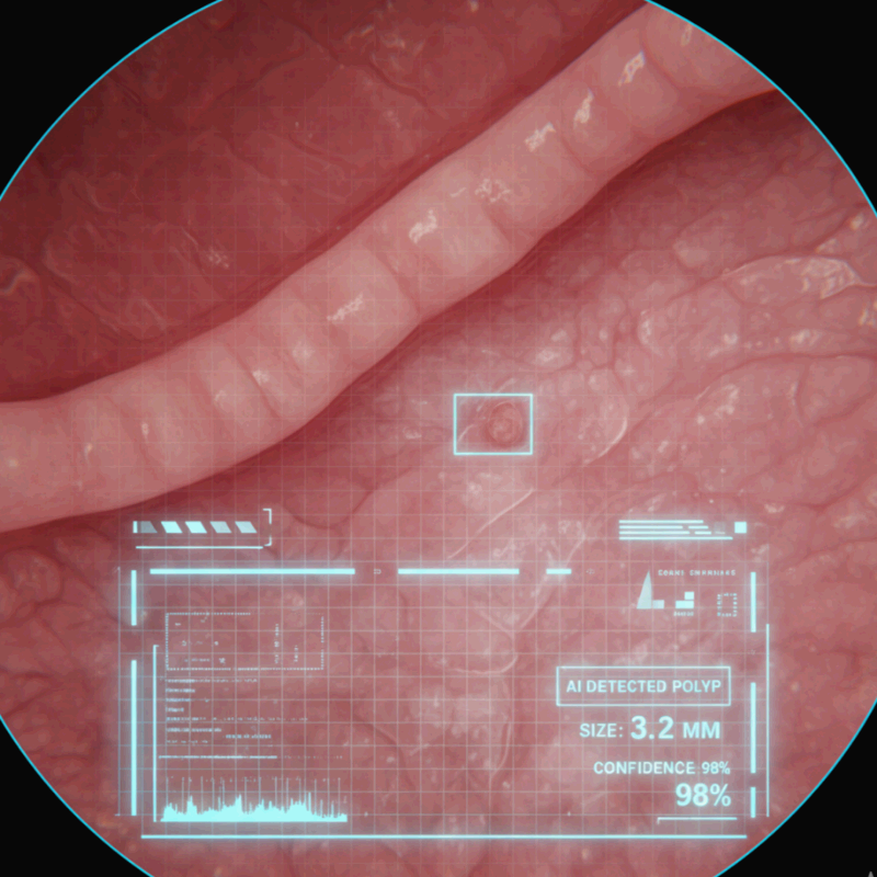 내시경 화면에 AI 오버레이가 작은 용종을 감지하여 표시하는 모습