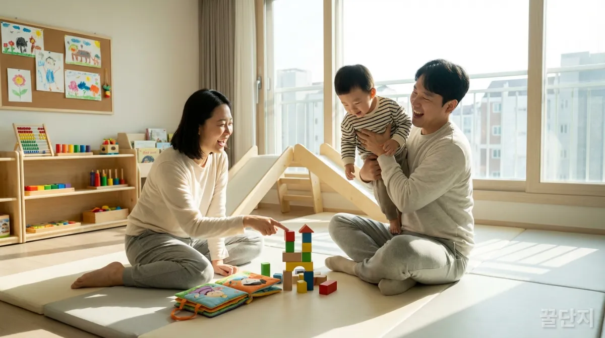 한국인 부모와 아이가 함께 놀며 육아 지원을 받는 모습