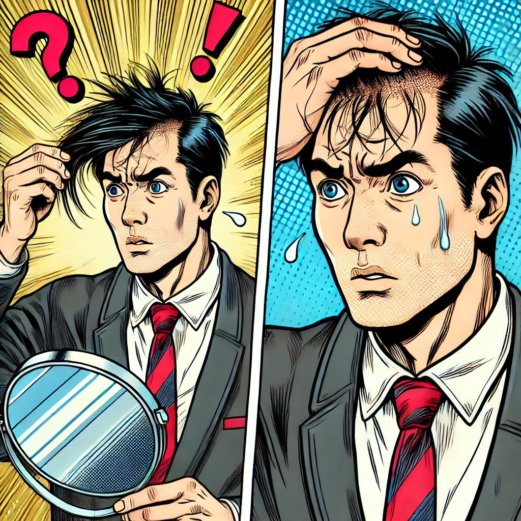 머리카락이 빠지는 것을 보고 놀라는 남성 (탈모 고민 강조)