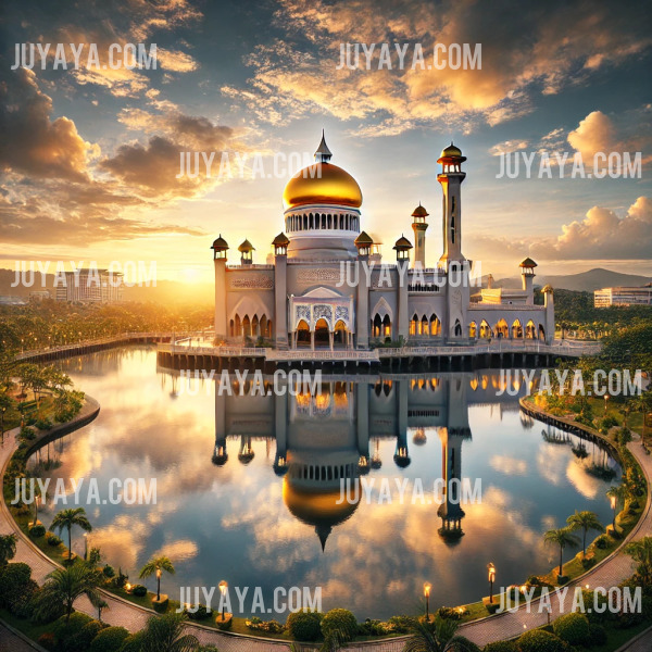 오마르 알리 사이푸딘 모스크와 일출이 어우러진 풍경