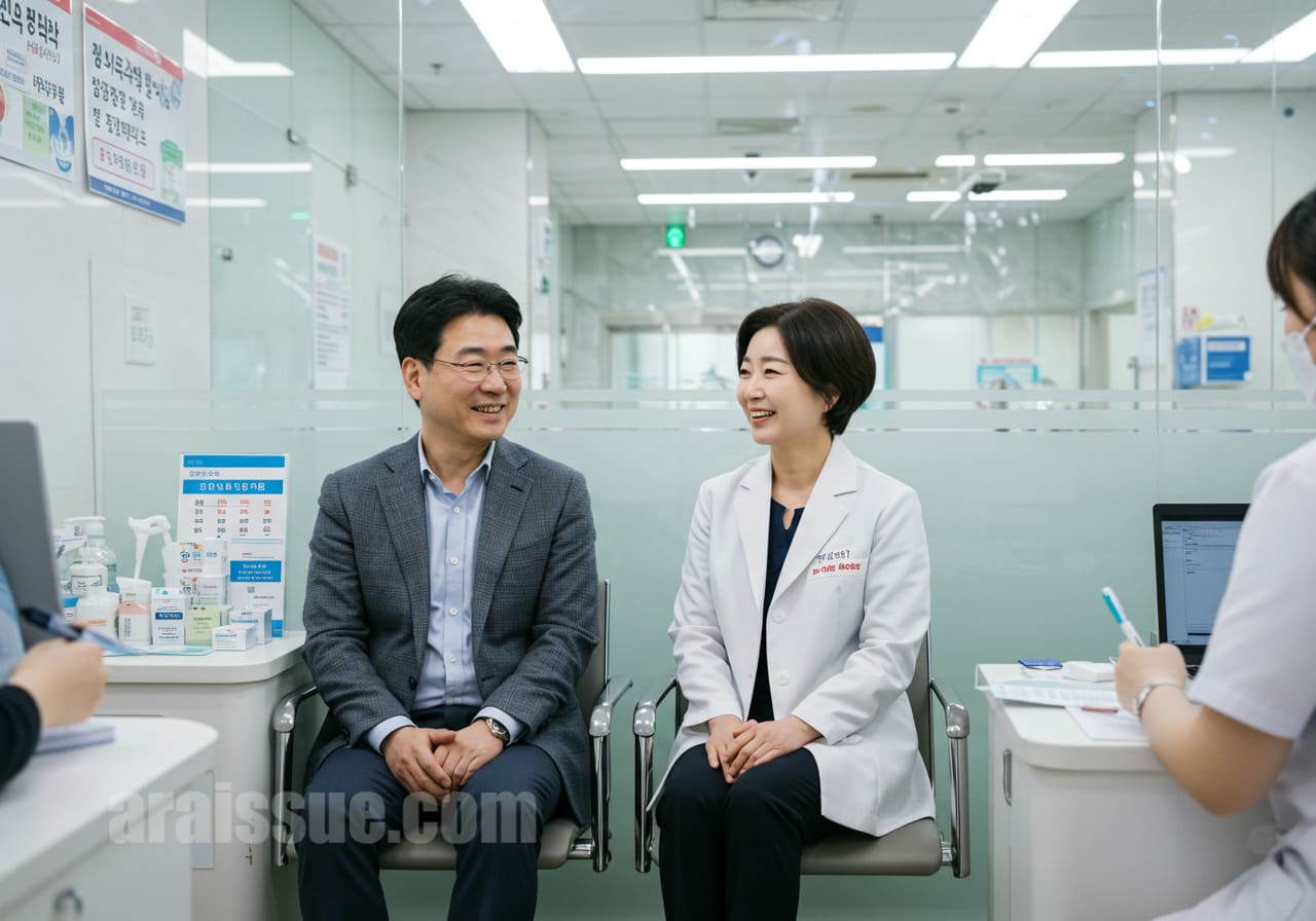 한국인 남성이 정부의 건강검진 프로그램에 참여하는 모습. 밝고 현대적인 병원 실내에서 대기 중인 장면입니다.