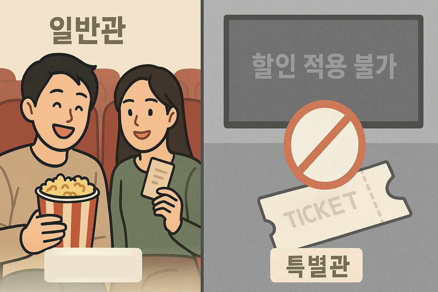 좌측은 일반관에서 영화 보는 즐거운 모습, 우측은 특별관에서 '할인 적용 불가'를 시각화한 회색 화면과 금지 아이콘