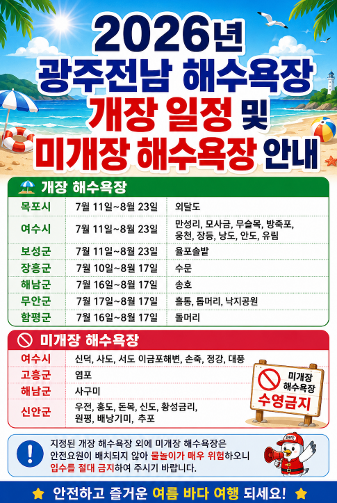 2026 광주전남 해수욕장 개장 일정 여름휴가 지역별 운영기간·여수·목포·완도·신안·미개장
