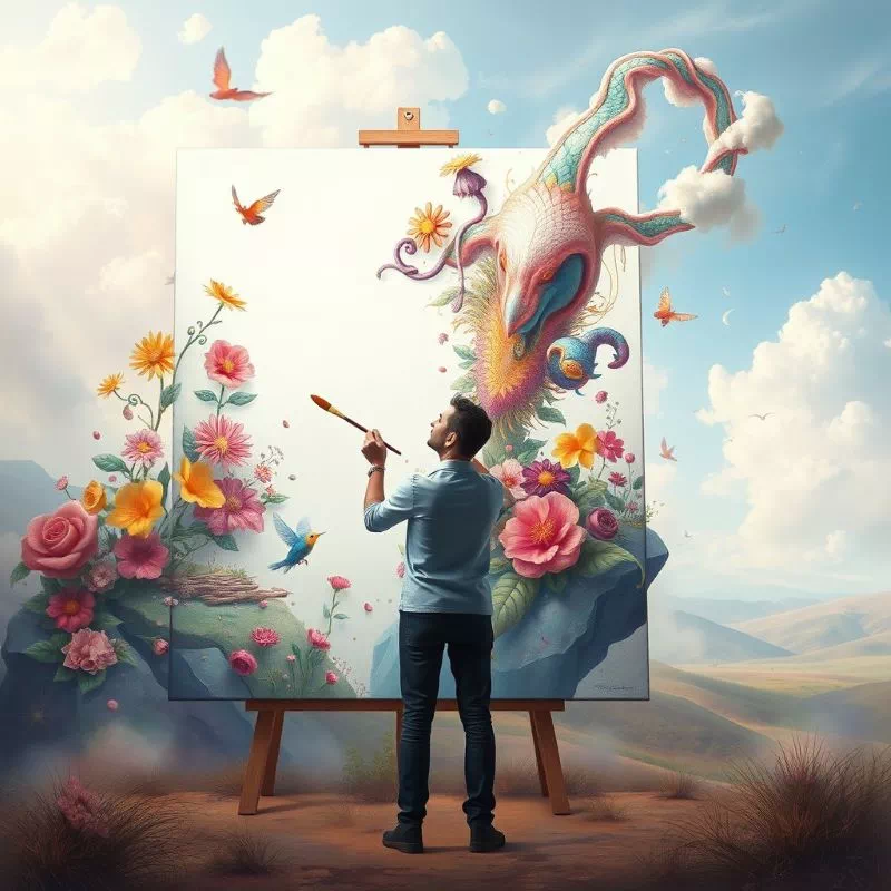 한 사람이 캔버스에 붓질을 하자 그림이 현실 세계로 튀어나오는 듯한 초현실적인 이미지