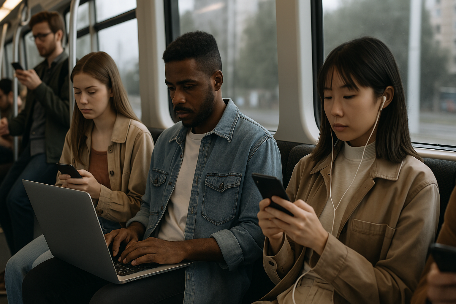 대중교통을 이용하는 사람들이 모두 인터넷을 보고 있다.(Ai 생성이미지)