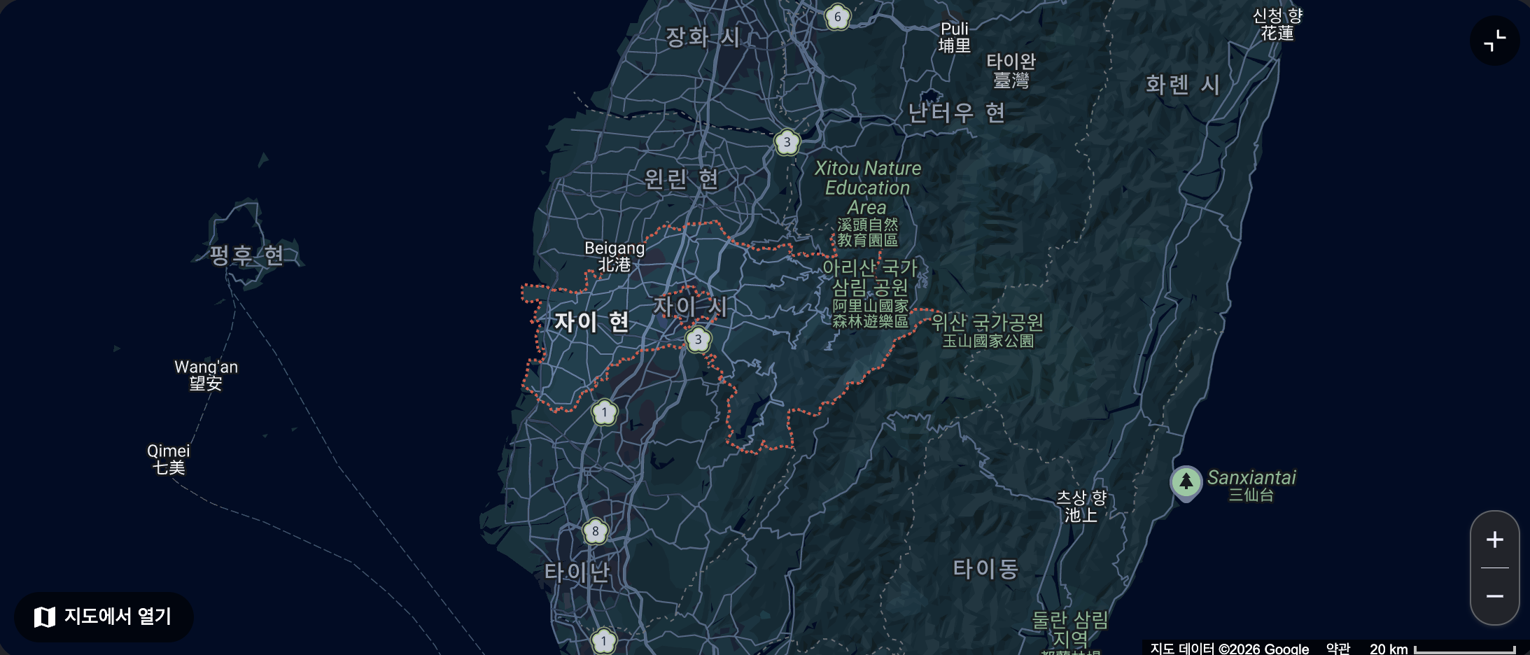 대만 지도에서 중남부 자이현의 위치를 표시한 모습