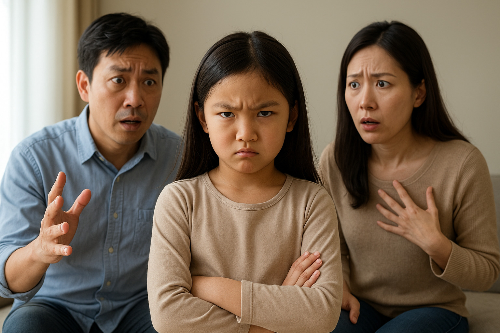 이른 사춘기로 부모와 갈등을 겪는 여자 초등학생 이미지