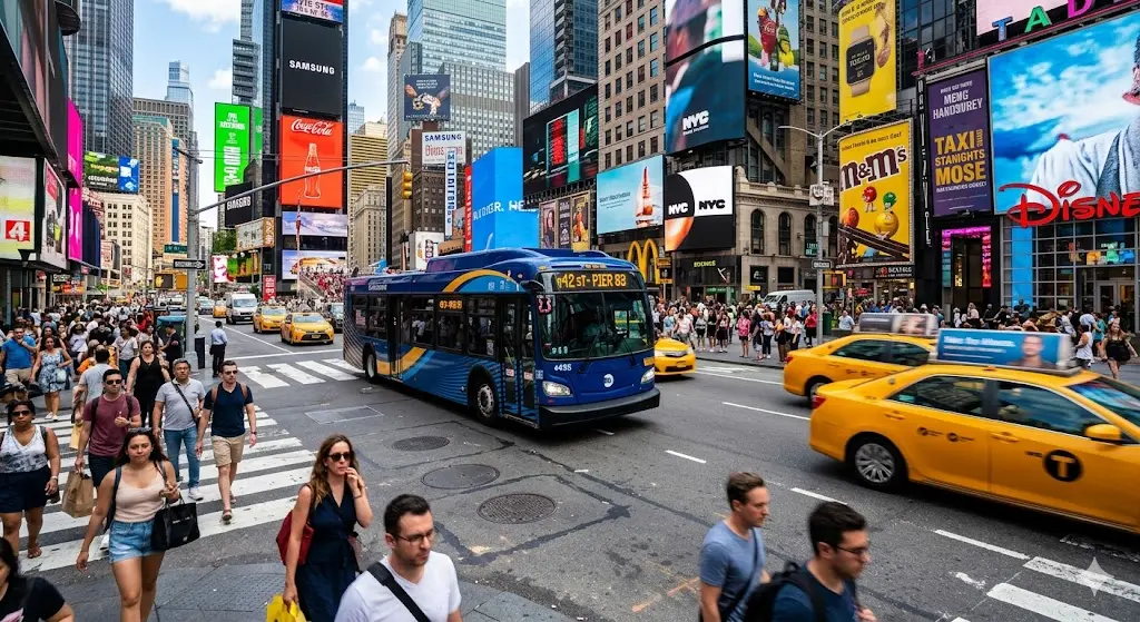뉴욕 맨해튼의 복잡한 도심 교차로를 지나가는 노란색 택시와 길고 큰 시내버스