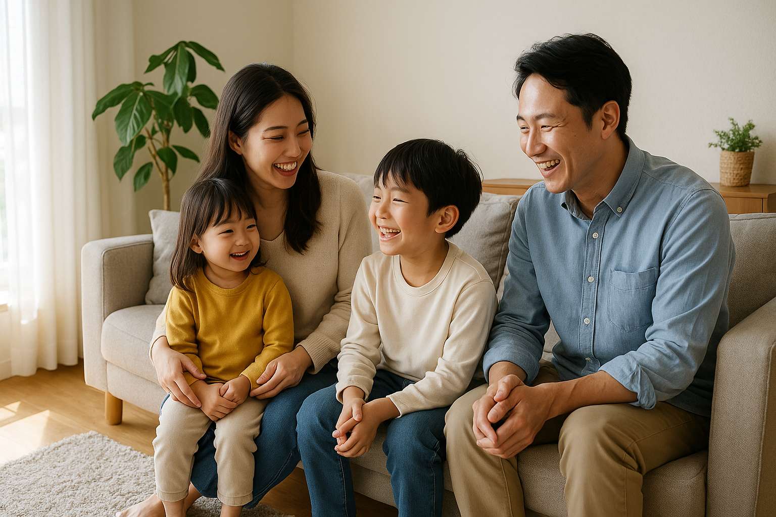 햇살 가득한 거실에서 웃고 있는 가족