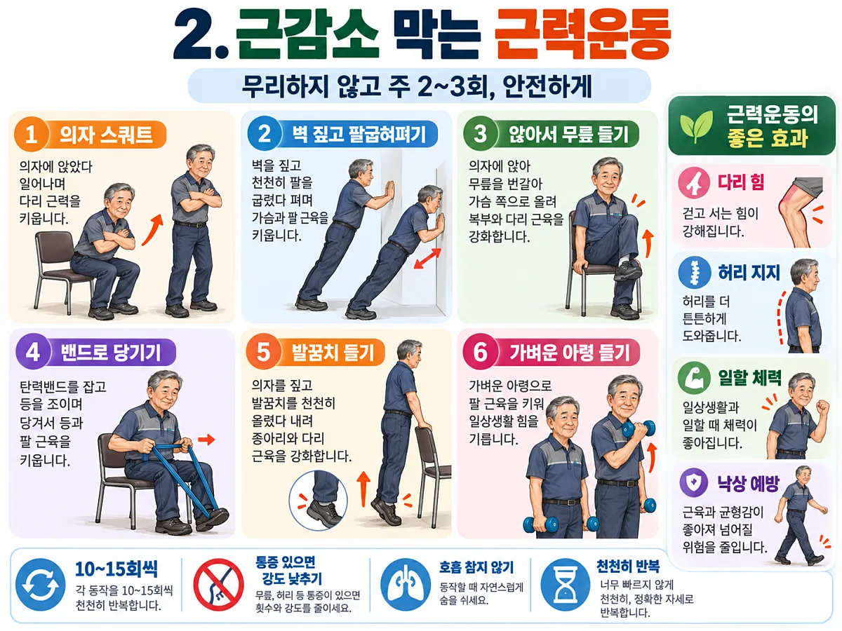 노인 근감소 예방을 위한 의자 일어나기와 벽 팔굽혀펴기, 밴드 운동 그림