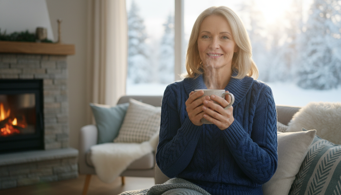 겨울철 실내에서 따뜻한 차를 마시며 여유로운 미소를 짓고 있는 건강한 50대 남녀의 모습