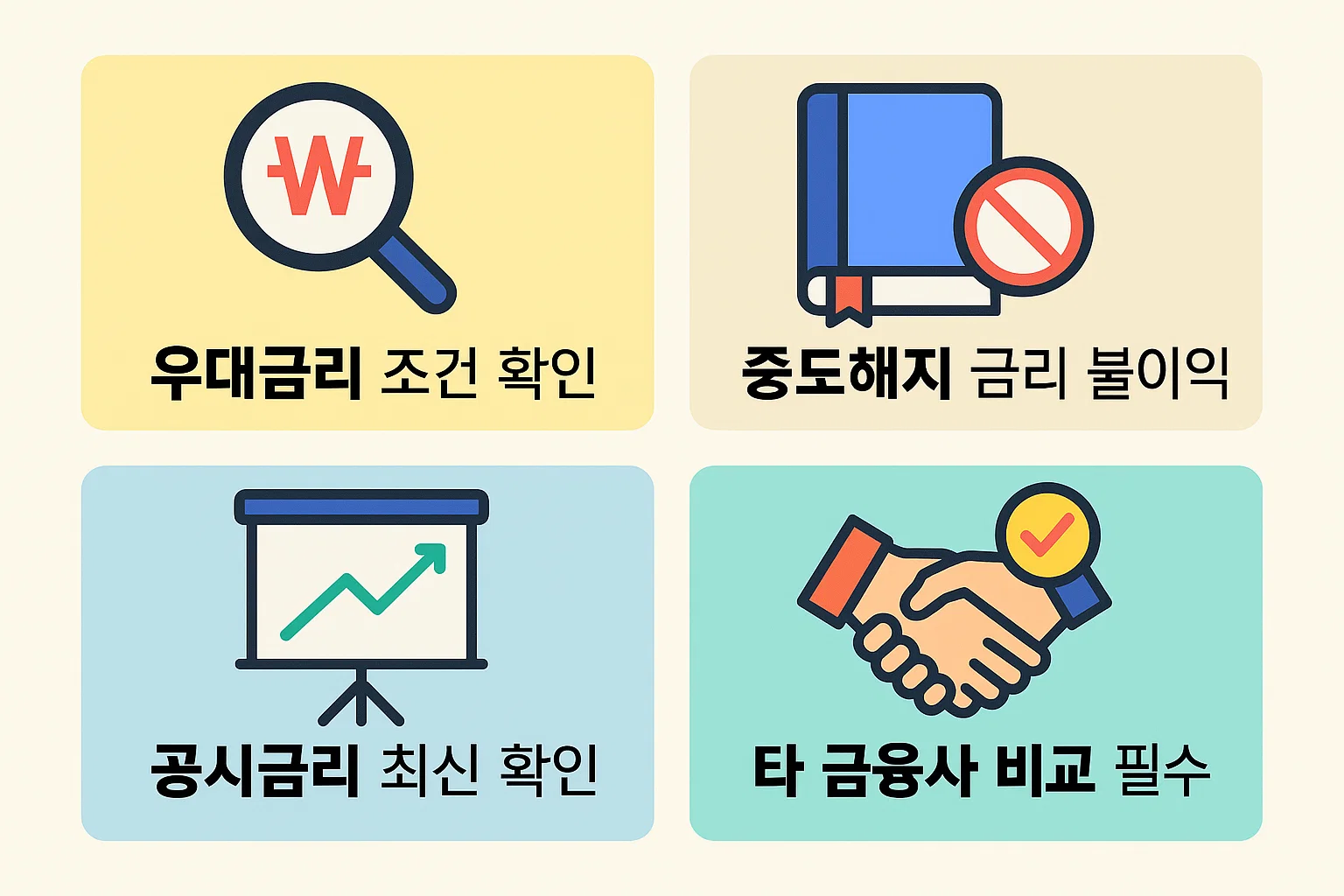 카카오뱅크 예금과 적금 가입 전 반드시 확인해야 할 우대금리 조건, 중도해지 시 불이익, 공시금리 최신 확인, 타 금융사와 비교 필요성 등을 정리한 인포그래픽