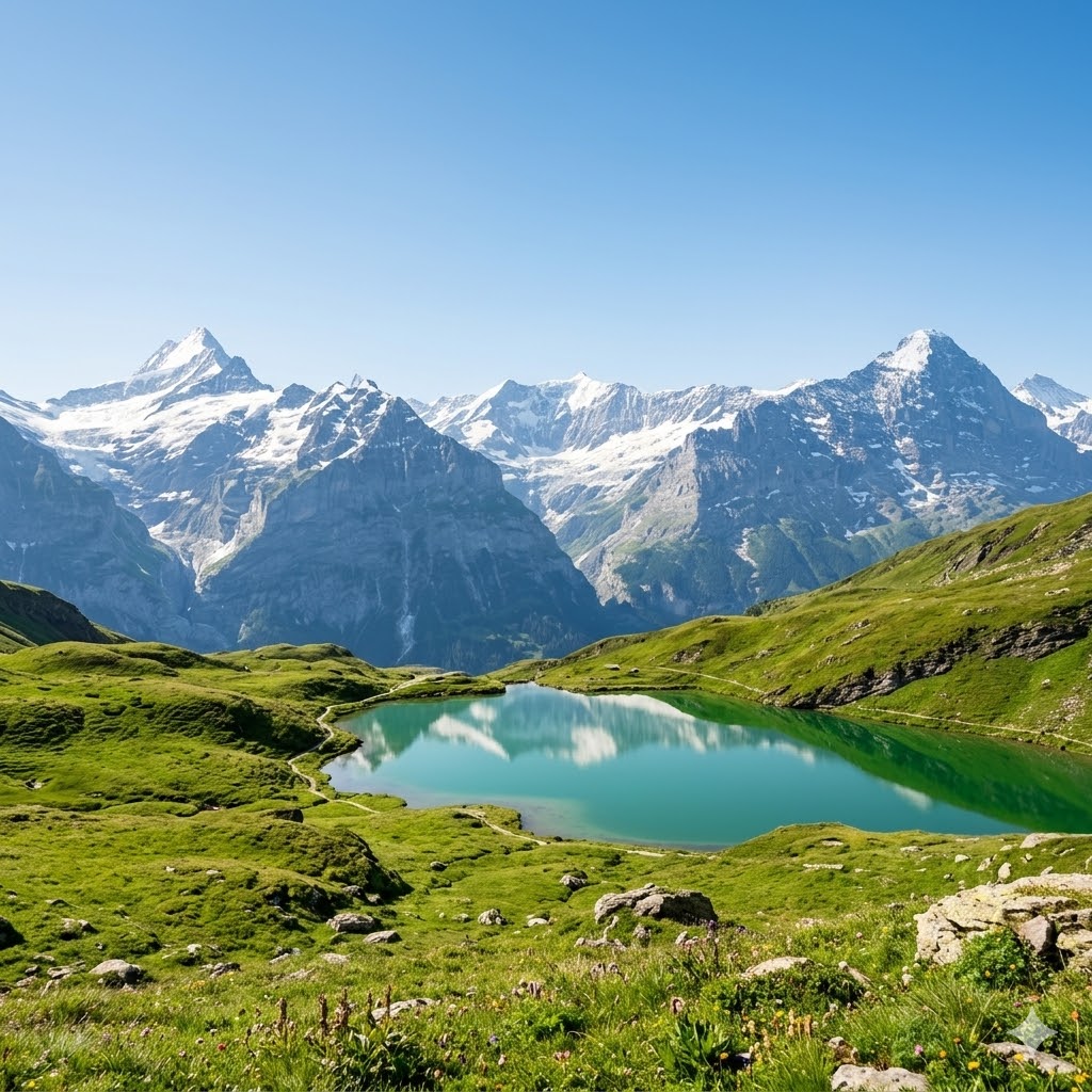 A high-end professional photograph of the Swiss Alps, capturing a snow-capped majestic peak over lush green meadows and a serene emerald lake under golden sunlight.