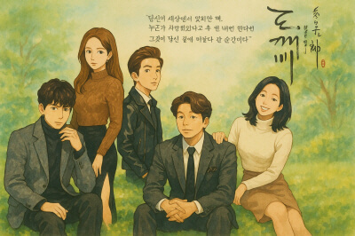 지브리풍 도깨비 포스터 일러스트, 공유&middot;이동욱 등 5인 단체컷, 초원 배경 감성 아트워크