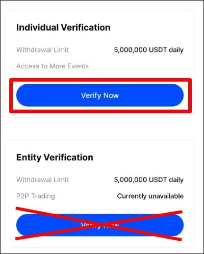 개인 인증 버튼을 강조하였고, Entity 인증 버튼은 X 표시