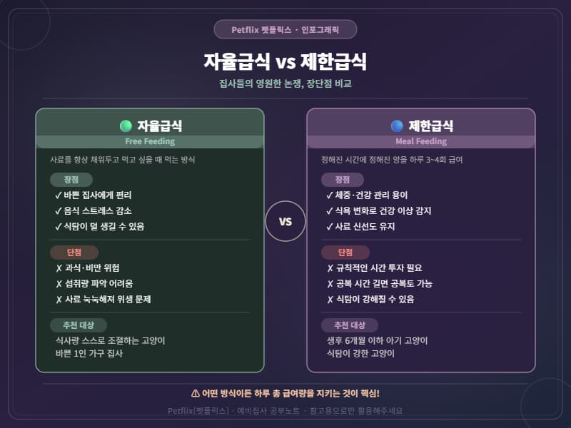 자율급식과 제한급식의 장단점을 비교. 각 급식 방식의 특징과 추천 대상을 정리했으며, 어떤 방식이든 하루 총 급여량 준수가 핵심입니다. (Petflix 펫플릭스)