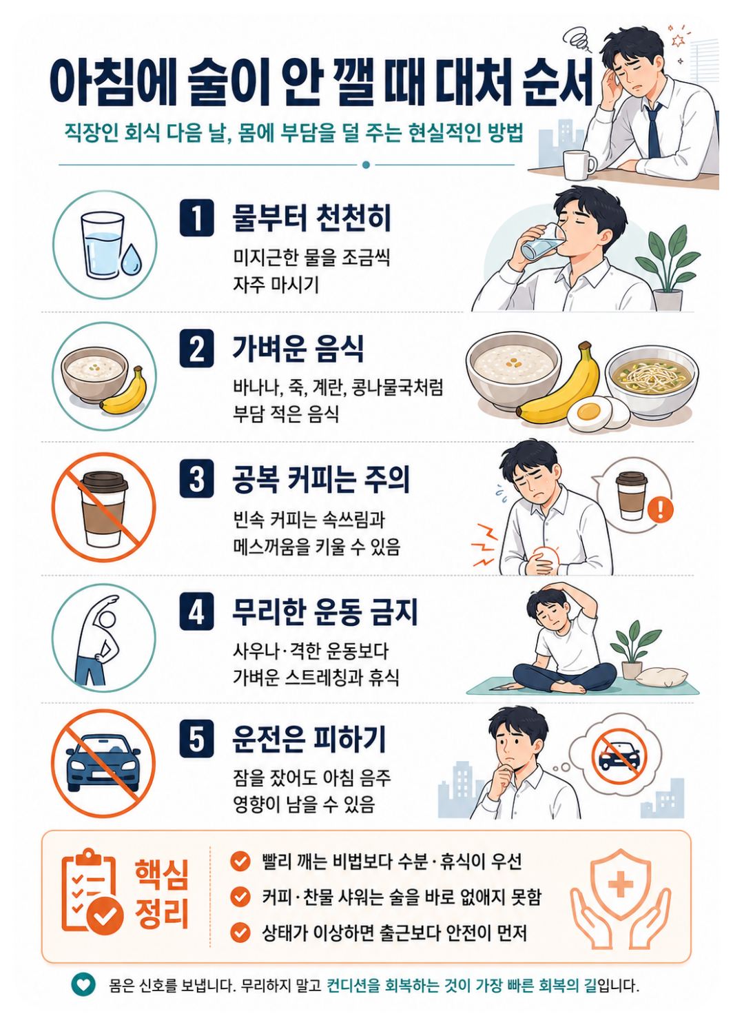 술이 안 깰 때 깨는 방법|직장인 회식 다음 날 숙취에 좋은 음식과 피해야 할 행동