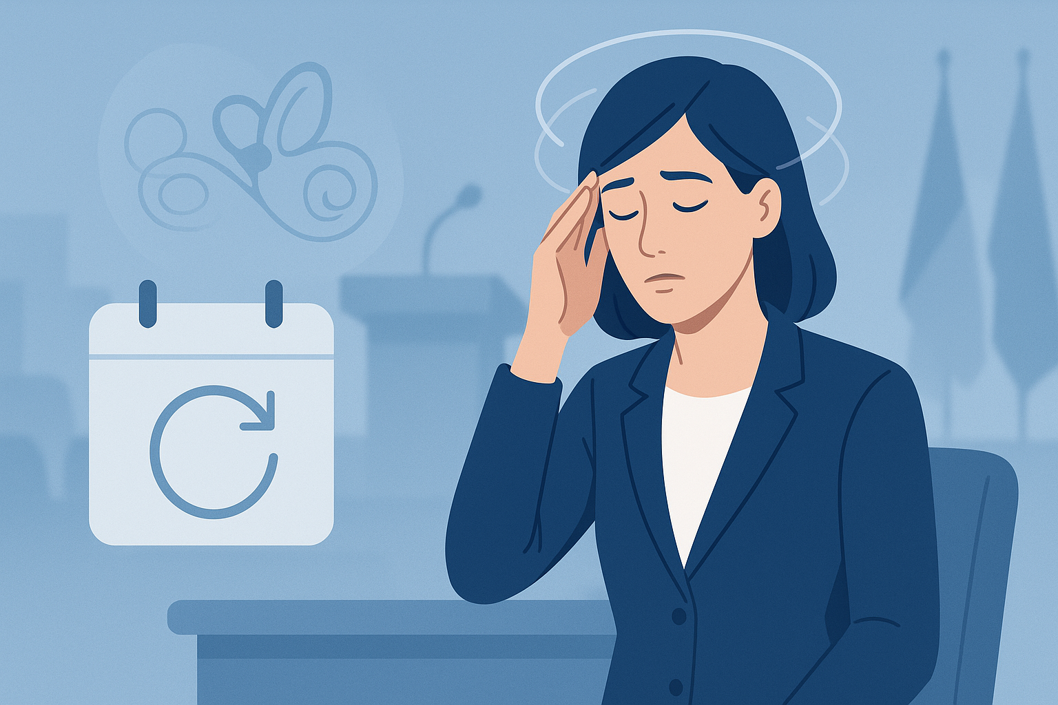 푸른 톤 뉴스 그래픽, 네이비 수트 여성이 관자놀이를 짚음; 좌측 달력 재일정 화살표와 희미한 반고리관 도식.