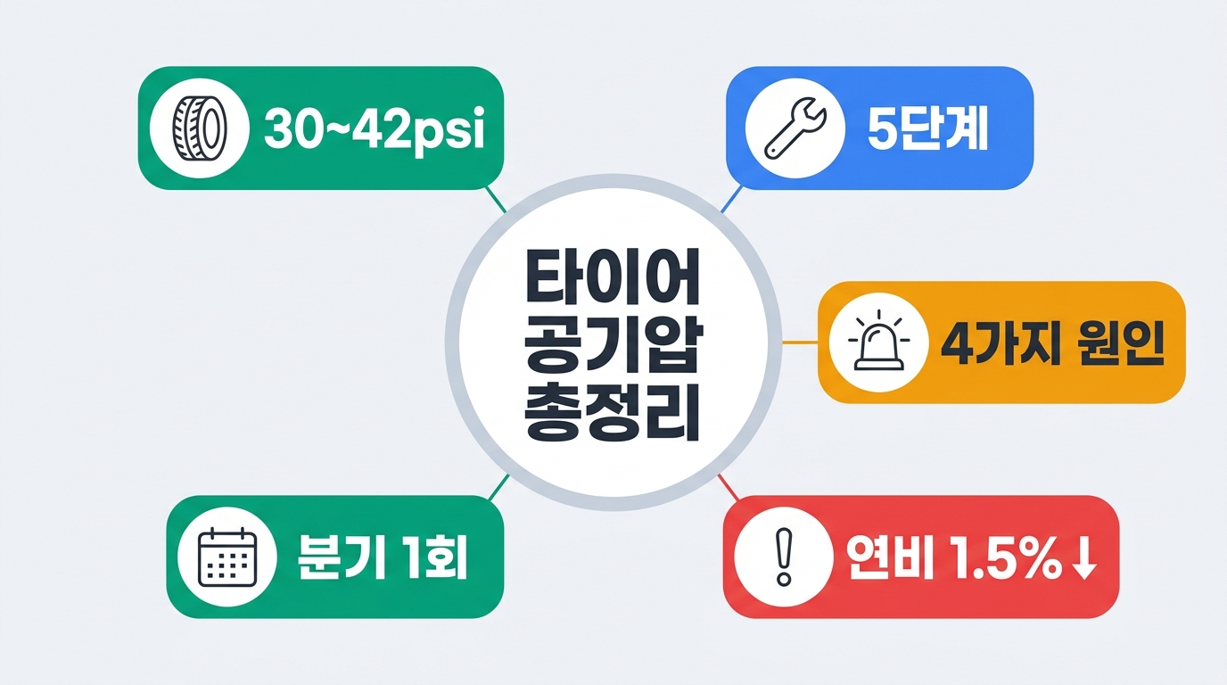 타이어 공기압 적정 수치 차종별 비교와 셀프 보충 5단계 총정리 인포그래픽