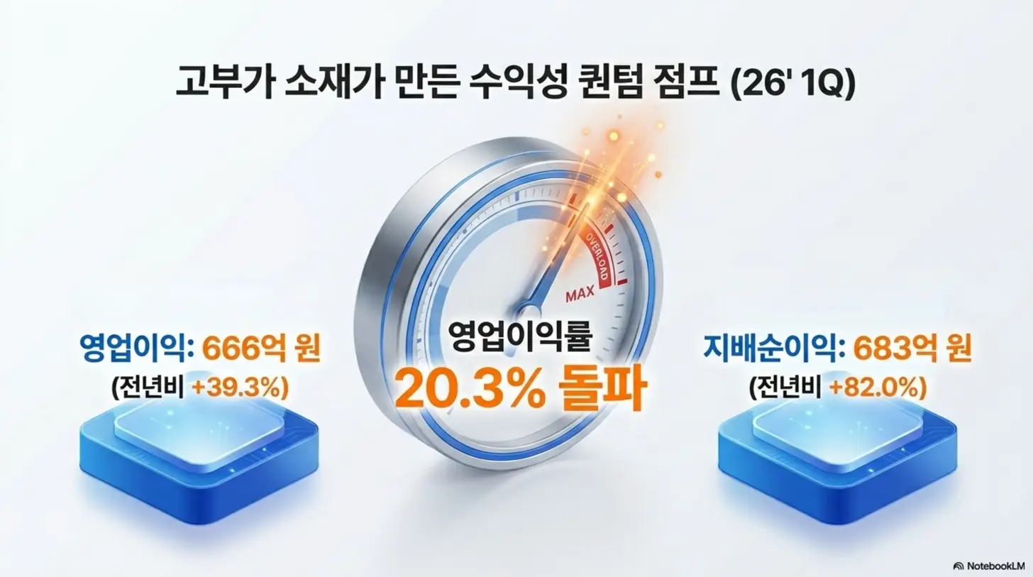 동진쎄미켐이 2026년 1분기 영업이익 666억 원(전년비 +39.3%), 지배순이익 683억 원(+82.0%), 영업이익률 20.3%를 기록하며 고부가 소재로 수익성이 점프한 실적을 보여주는 이미지