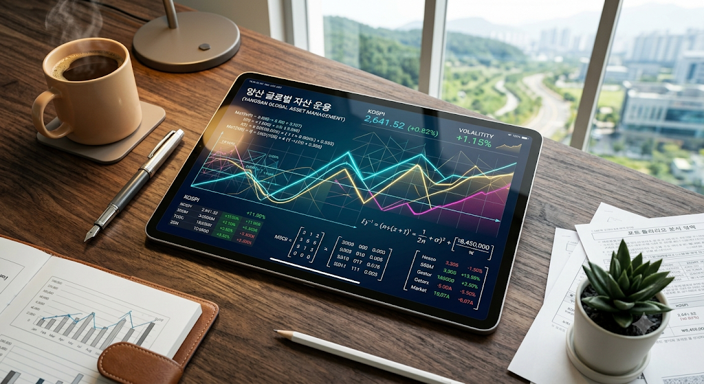 세련된 모던 오피스 서재 테이블 위 태블릿 화면에 켜진 원달러 환율 1,500원 돌파 기로곡선과 연금 계좌 내부의 달러 SOFR 완충재 자산리밸런싱 명세서